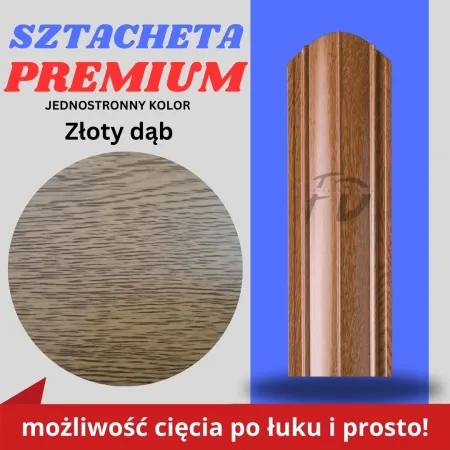 Sztacheta ogrodzeniowa wąska Standard firmy GARD jednostronna kolor drewnopodobny Złoty Dąb zakończenie półokrągłe